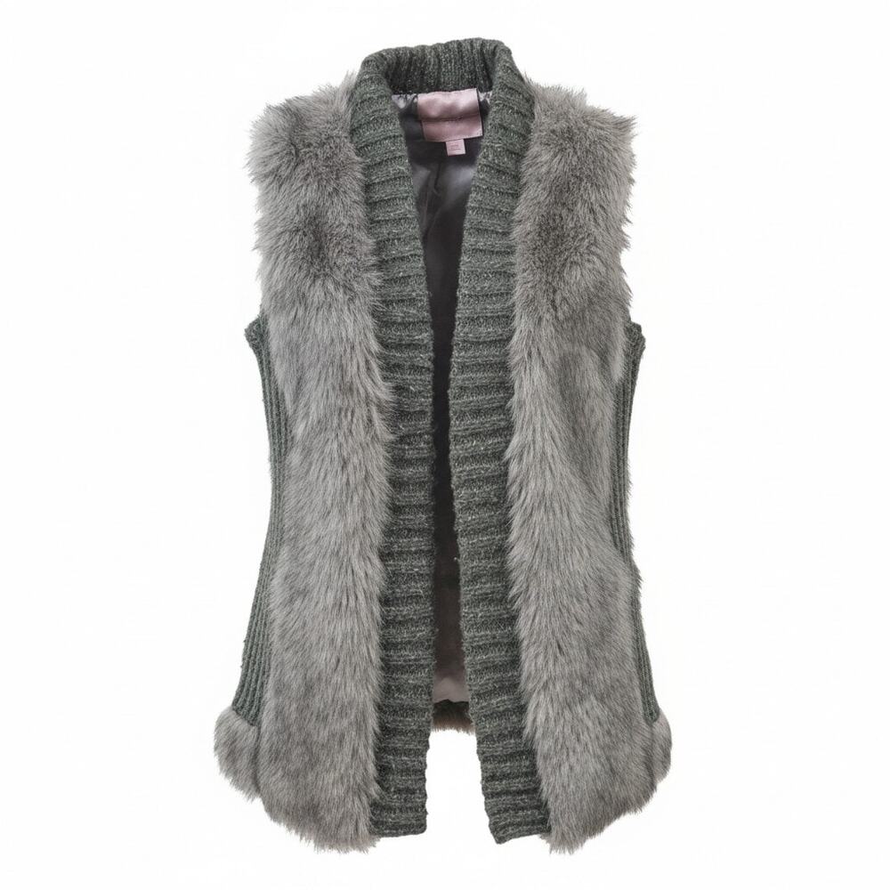 Romeo & Juliet Couture Faux Fur Vest with Knit Trim Gray/ White Sz. S